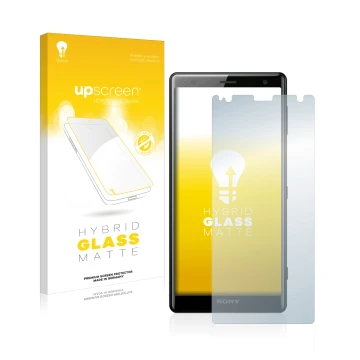 Vorderseite einer Produktverpackung mit dem Markenlogo upscreen. Daneben ist das Gerät Sony Xperia XZ2 mit dem zugehörigen Dis