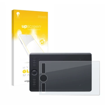 Vorderseite einer Produktverpackung mit dem Markenlogo upscreen. Daneben ist das Gerät Wacom Intuos Pro M (2017) mit dem zugeh