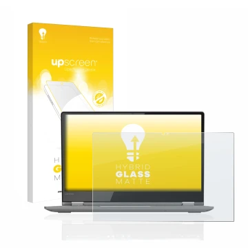 Vorderseite einer Produktverpackung mit dem Markenlogo upscreen. Daneben ist das Gerät Lenovo Yoga 530 mit dem zugehörigen Dis