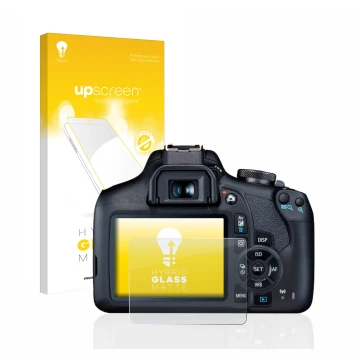 Vorderseite einer Produktverpackung mit dem Markenlogo upscreen. Daneben ist das Gerät Canon EOS 2000D mit dem zugehörigen Dis