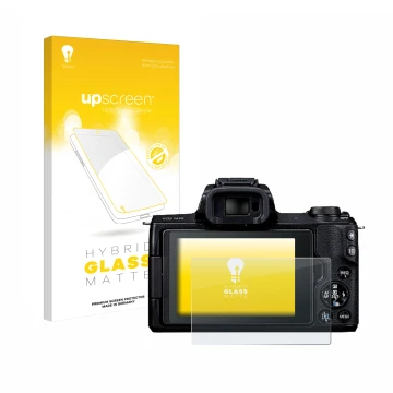 Vorderseite einer Produktverpackung mit dem Markenlogo upscreen. Daneben ist das Gerät Canon EOS M50 mit dem zugehörigen Displ