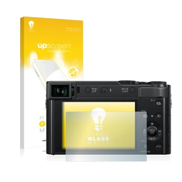 Vorderseite einer Produktverpackung mit dem Markenlogo upscreen. Daneben ist das Gerät Panasonic Lumix DC-TZ202 mit dem zugehö