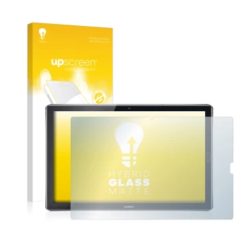 Vorderseite einer Produktverpackung mit dem Markenlogo upscreen. Daneben ist das Gerät Huawei MediaPad M5 10.8 mit dem zugehör
