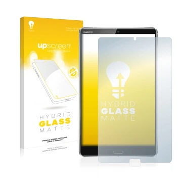 Vorderseite einer Produktverpackung mit dem Markenlogo upscreen. Daneben ist das Gerät Huawei MediaPad M5 8.4 mit dem zugehöri