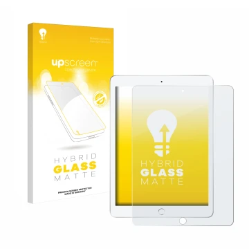 Vorderseite einer Produktverpackung mit dem Markenlogo upscreen. Daneben ist das Gerät Apple iPad 9.7