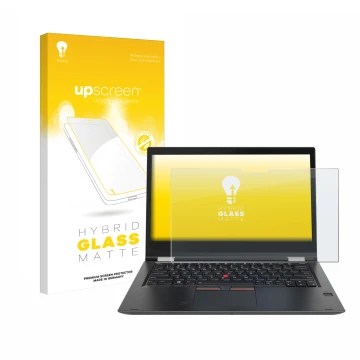 Vorderseite einer Produktverpackung mit dem Markenlogo upscreen. Daneben ist das Gerät Lenovo ThinkPad Yoga X380 mit dem zugeh