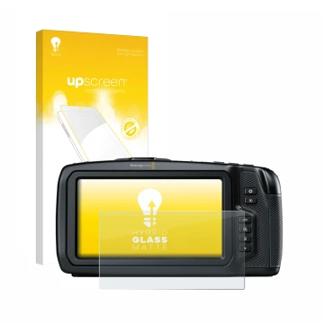 Vorderseite einer Produktverpackung mit dem Markenlogo upscreen. Daneben ist das Gerät Blackmagic Pocket Cinema Camera 4K mit 