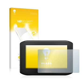 Vorderseite einer Produktverpackung mit dem Markenlogo upscreen. Daneben ist das Gerät Garmin zumo 396 LMT-S mit dem zugehörig