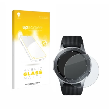 Vorderseite einer Produktverpackung mit dem Markenlogo upscreen. Daneben ist das Gerät Samsung Galaxy Watch (46 mm) mit dem zu