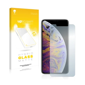 Vorderseite einer Produktverpackung mit dem Markenlogo upscreen. Daneben ist das Gerät Apple iPhone Xs Max mit dem zugehörigen