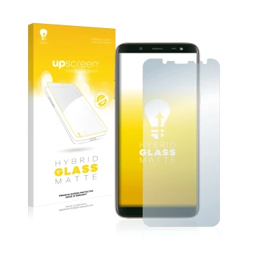 Vorderseite einer Produktverpackung mit dem Markenlogo upscreen. Daneben ist das Gerät Samsung Galaxy J6 2018 mit dem zugehöri