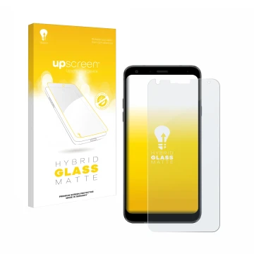 Vorderseite einer Produktverpackung mit dem Markenlogo upscreen. Daneben ist das Gerät LG Q7 mit dem zugehörigen Displayschutz
