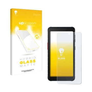 Vorderseite einer Produktverpackung mit dem Markenlogo upscreen. Daneben ist das Gerät Samsung Galaxy XCover 5 mit dem zugehör