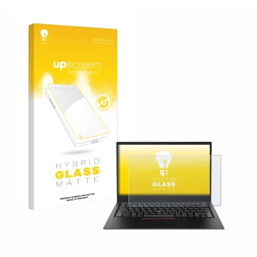 Vorderseite einer Produktverpackung mit dem Markenlogo upscreen. Daneben ist das Gerät Lenovo ThinkPad X1 Carbon (6. Gen.) mit