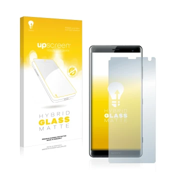 Vorderseite einer Produktverpackung mit dem Markenlogo upscreen. Daneben ist das Gerät Sony Xperia XZ3 mit dem zugehörigen Dis