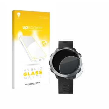 Vorderseite einer Produktverpackung mit dem Markenlogo upscreen. Daneben ist das Gerät Garmin Forerunner 645 Music mit dem zug