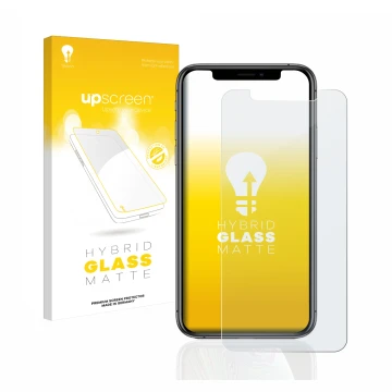 Vorderseite einer Produktverpackung mit dem Markenlogo upscreen. Daneben ist das Gerät Apple iPhone Xs mit dem zugehörigen Dis