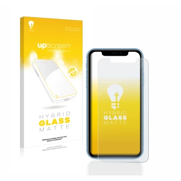 Vorderseite einer Produktverpackung mit dem Markenlogo upscreen. Daneben ist das Gerät Apple iPhone XR mit dem zugehörigen Dis