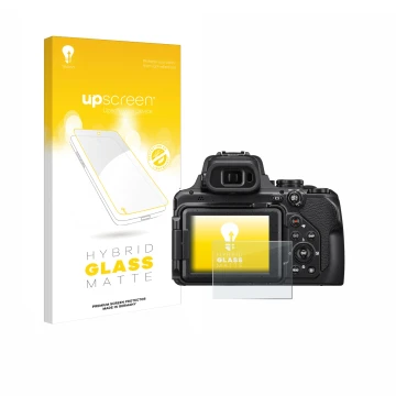 Vorderseite einer Produktverpackung mit dem Markenlogo upscreen. Daneben ist das Gerät Nikon Coolpix P1000 mit dem zugehörigen