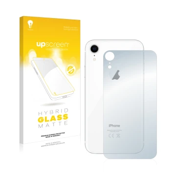 Vorderseite einer Produktverpackung mit dem Markenlogo upscreen. Daneben ist das Gerät Apple iPhone XR (Rückseite) mit dem zug