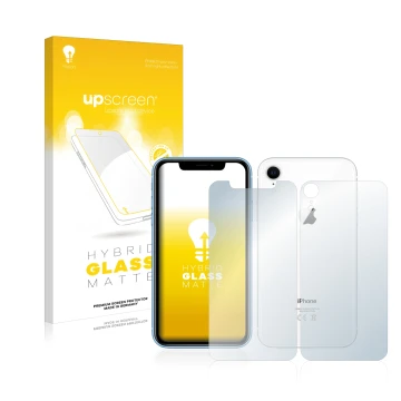 Vorderseite einer Produktverpackung mit dem Markenlogo upscreen. Daneben ist das Gerät Apple iPhone XR (Display+Rückseite) mit