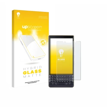 Vorderseite einer Produktverpackung mit dem Markenlogo upscreen. Daneben ist das Gerät BlackBerry Key2 LE mit dem zugehörigen 
