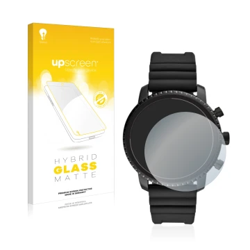 Vorderseite einer Produktverpackung mit dem Markenlogo upscreen. Daneben ist das Gerät Fossil Q Explorist HR (4.Gen) mit dem z