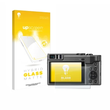 Vorderseite einer Produktverpackung mit dem Markenlogo upscreen. Daneben ist das Gerät Panasonic Lumix DC-TZ90 mit dem zugehör