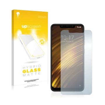 Vorderseite einer Produktverpackung mit dem Markenlogo upscreen. Daneben ist das Gerät Xiaomi Pocophone F1 mit dem zugehörigen