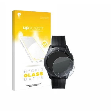 Vorderseite einer Produktverpackung mit dem Markenlogo upscreen. Daneben ist das Gerät Samsung Galaxy Watch (42 mm) mit dem zu