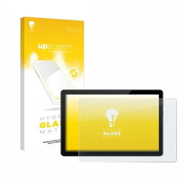 Vorderseite einer Produktverpackung mit dem Markenlogo upscreen. Daneben ist das Gerät Huawei MediaPad T5 10 mit dem zugehörig