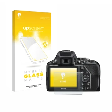 Vorderseite einer Produktverpackung mit dem Markenlogo upscreen. Daneben ist das Gerät Nikon D3500 mit dem zugehörigen Display
