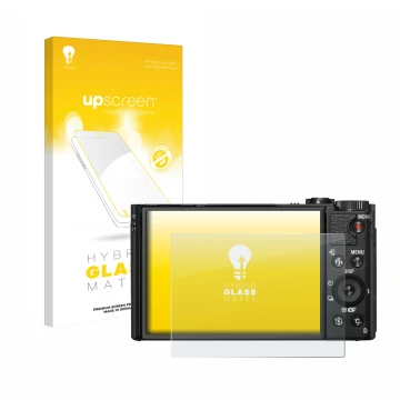 Vorderseite einer Produktverpackung mit dem Markenlogo upscreen. Daneben ist das Gerät Sony Cyber-Shot DSC-HX99 mit dem zugehö