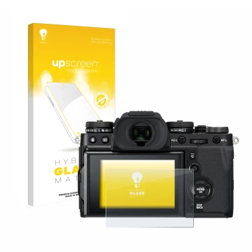 Vorderseite einer Produktverpackung mit dem Markenlogo upscreen. Daneben ist das Gerät Fujifilm X-T3 mit dem zugehörigen Displ