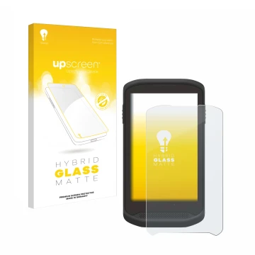 Vorderseite einer Produktverpackung mit dem Markenlogo upscreen. Daneben ist das Gerät Zebra TC25 mit dem zugehörigen Displays