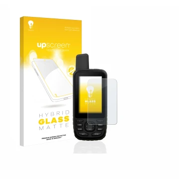 Vorderseite einer Produktverpackung mit dem Markenlogo upscreen. Daneben ist das Gerät Garmin GPSMAP 66s mit dem zugehörigen D