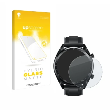 Vorderseite einer Produktverpackung mit dem Markenlogo upscreen. Daneben ist das Gerät Huawei Watch GT (46 mm) 2018 mit dem zu