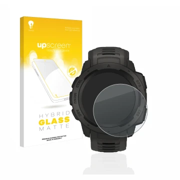 Vorderseite einer Produktverpackung mit dem Markenlogo upscreen. Daneben ist das Gerät Garmin Instinct mit dem zugehörigen Dis