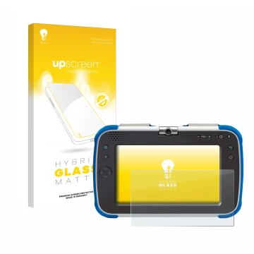 Vorderseite einer Produktverpackung mit dem Markenlogo upscreen. Daneben ist das Gerät Vtech Storio Max XL 2.0 mit dem zugehör