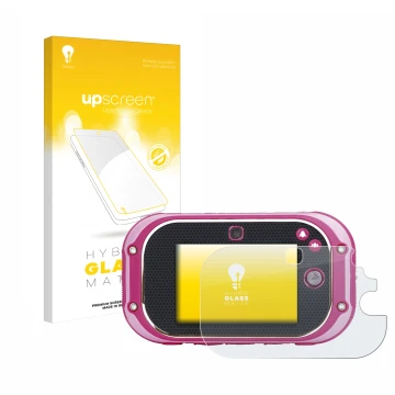 Vorderseite einer Produktverpackung mit dem Markenlogo upscreen. Daneben ist das Gerät Vtech Kidizoom Touch 5.0 2018 mit dem z