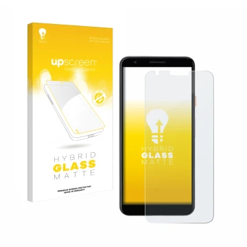 Vorderseite einer Produktverpackung mit dem Markenlogo upscreen. Daneben ist das Gerät Google Pixel 3a mit dem zugehörigen Dis