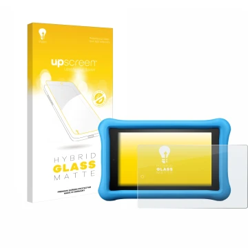 Vorderseite einer Produktverpackung mit dem Markenlogo upscreen. Daneben ist das Gerät Amazon Fire HD 8 Kids Edition 2018 (8. 