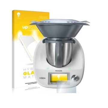 Vorderseite einer Produktverpackung mit dem Markenlogo upscreen. Daneben ist das Gerät Vorwerk Bimby TM5 mit dem zugehörigen D