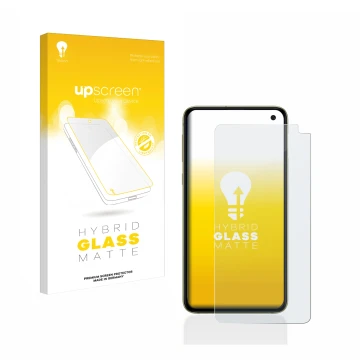 Vorderseite einer Produktverpackung mit dem Markenlogo upscreen. Daneben ist das Gerät Samsung Galaxy S10e mit dem zugehörigen