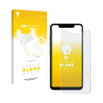 Vorderseite einer Produktverpackung mit dem Markenlogo upscreen. Daneben ist das Gerät LG G8s ThinQ mit dem zugehörigen Displa