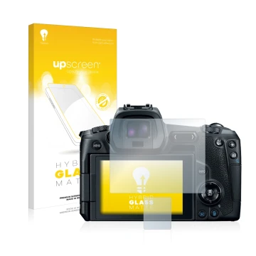 Vorderseite einer Produktverpackung mit dem Markenlogo upscreen. Daneben ist das Gerät Canon EOS R mit dem zugehörigen Display