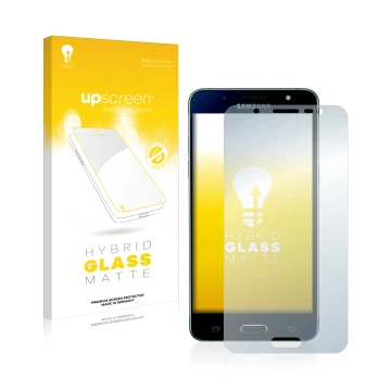 Vorderseite einer Produktverpackung mit dem Markenlogo upscreen. Daneben ist das Gerät Samsung Galaxy J5 2016 mit dem zugehöri