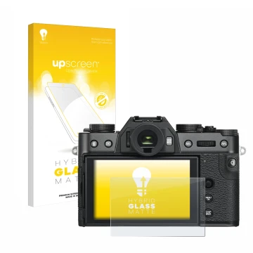 Vorderseite einer Produktverpackung mit dem Markenlogo upscreen. Daneben ist das Gerät Fujifilm X-T30 mit dem zugehörigen Disp