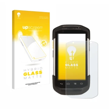 Vorderseite einer Produktverpackung mit dem Markenlogo upscreen. Daneben ist das Gerät Zebra TC77 mit dem zugehörigen Displays