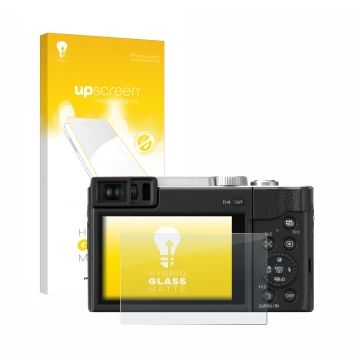 Vorderseite einer Produktverpackung mit dem Markenlogo upscreen. Daneben ist das Gerät Panasonic Lumix DC-TZ96 mit dem zugehör